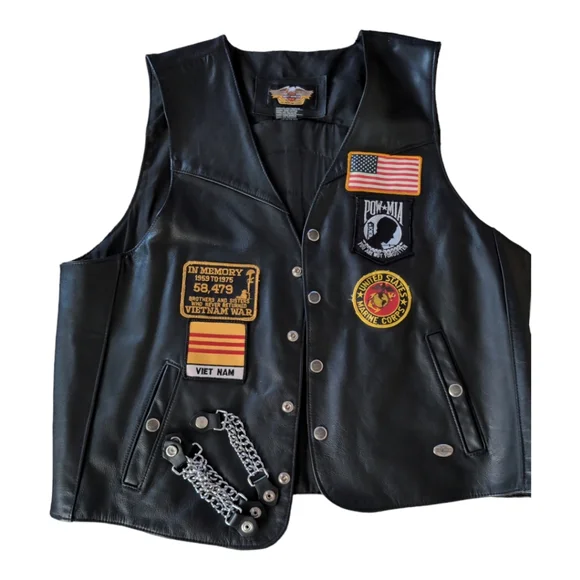 Harley Davidson XXL black leather vest Vietnam patches American Flag Biker Pow - Picture 3 of 10